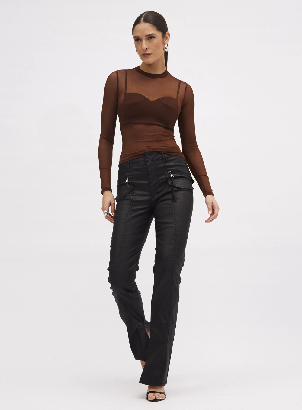 Blusa Feminina Slim Tule Manga Longa Marrom 1