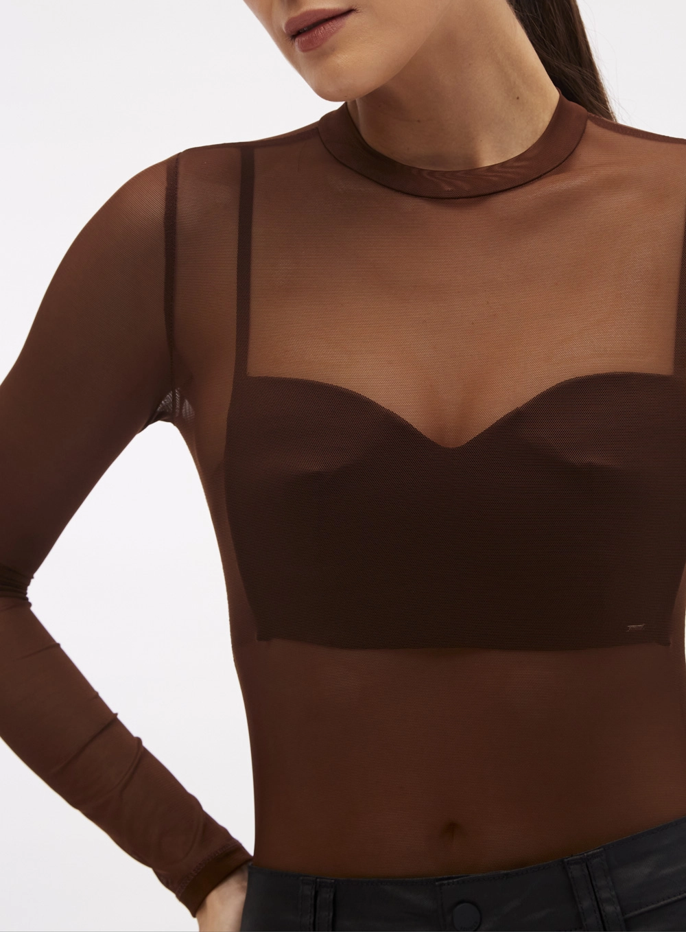 Blusa Feminina Slim Tule Manga Longa Marrom 4