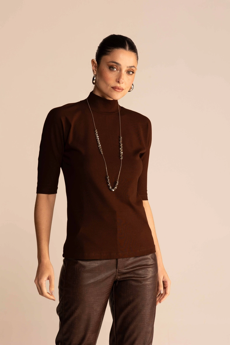 Blusa Feminina Slim Rib Gola Alta Manga 3/4 Marrom 1
