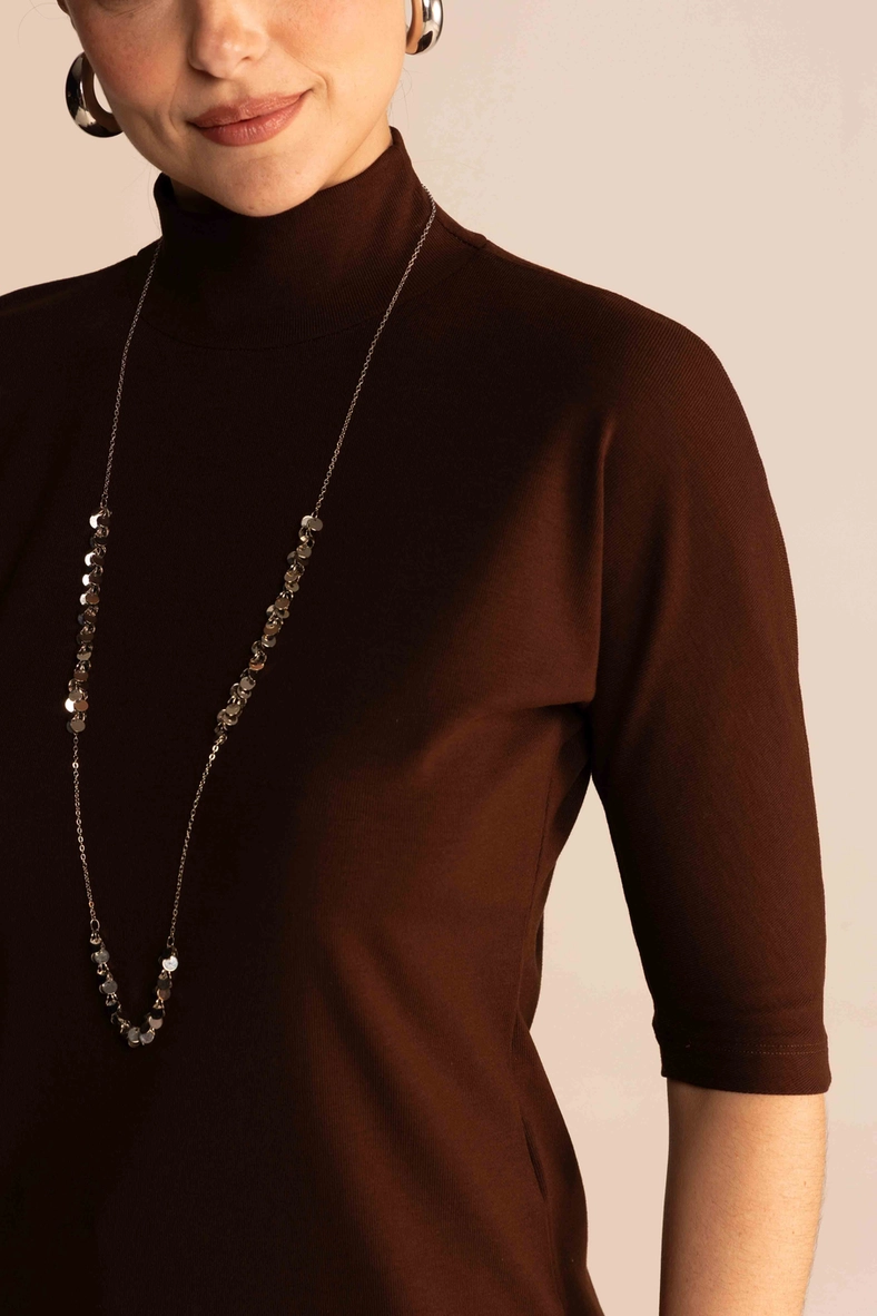 Blusa Feminina Slim Rib Gola Alta Manga 3/4 Marrom 2