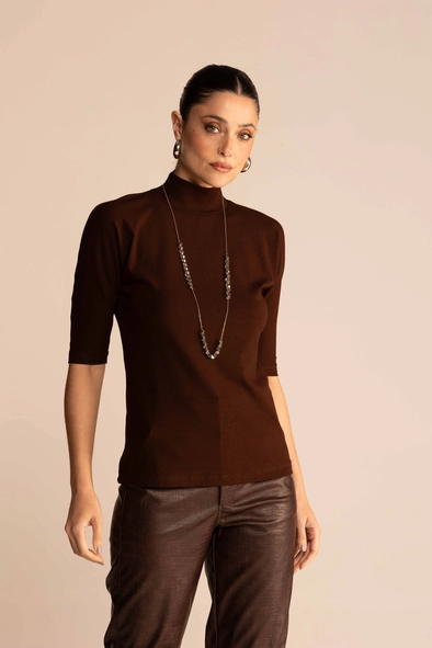Blusa Feminina Slim Rib Gola Alta Manga 3/4