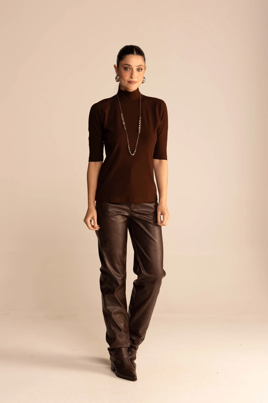 Blusa Feminina Slim Rib Gola Alta Manga 3/4 Marrom 4