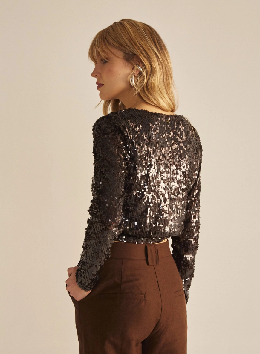 Blusa Feminina Comfort Paetê Decote V Manga Longa Marrom 3