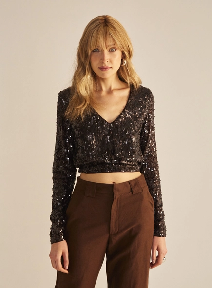 Blusa Feminina Comfort Paetê Decote V Manga Longa