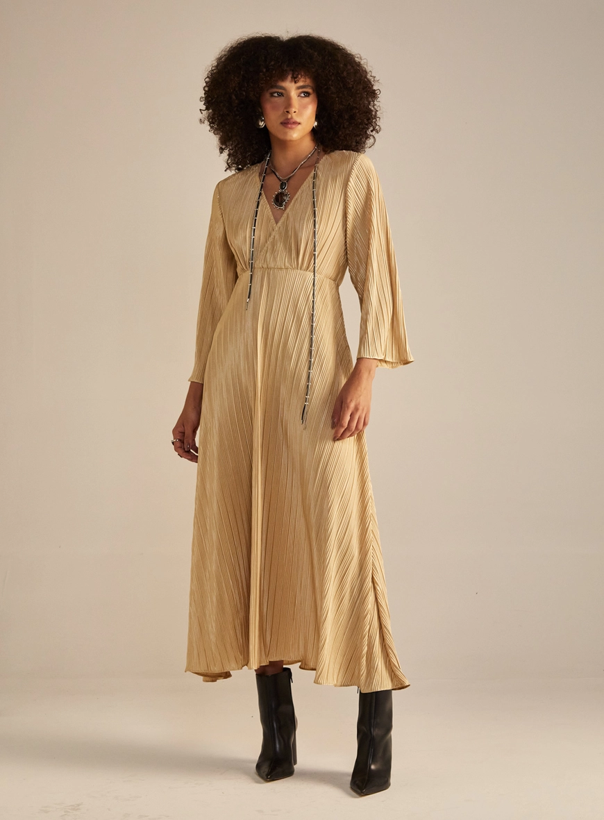 Vestido Midi Plissado Bege 2