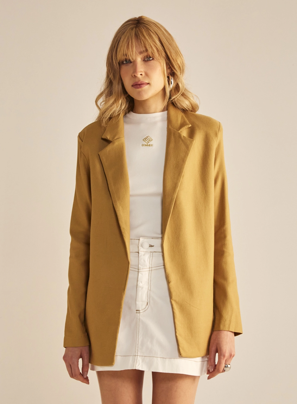 Blazer Feminino Alfaiataria Linho Longo Bege Soybean 1