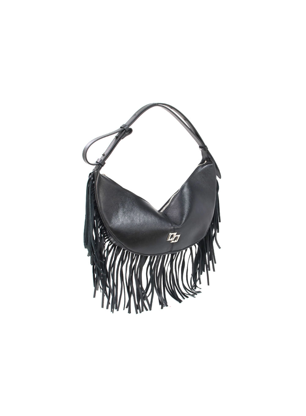 Bolsa Couro Boho Média Com Franja Preto