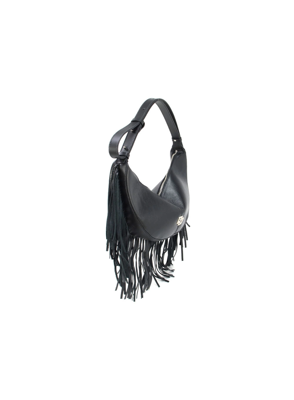 Bolsa Couro Boho Média Com Franja Preto
