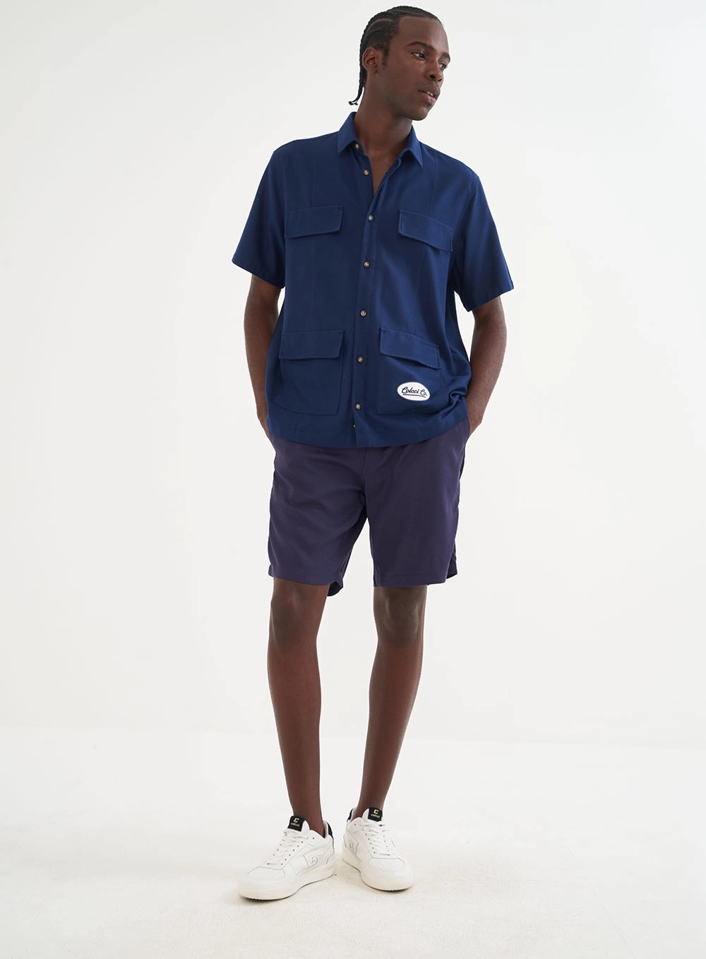 Bermuda Reta Viscose E Linho Azul Darkness