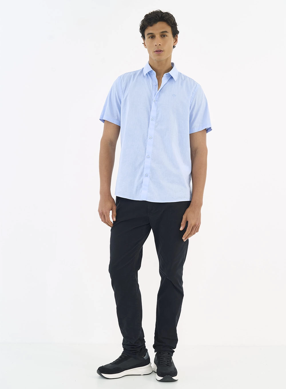 Camisa Manga Curta Linho E Algodão Azul