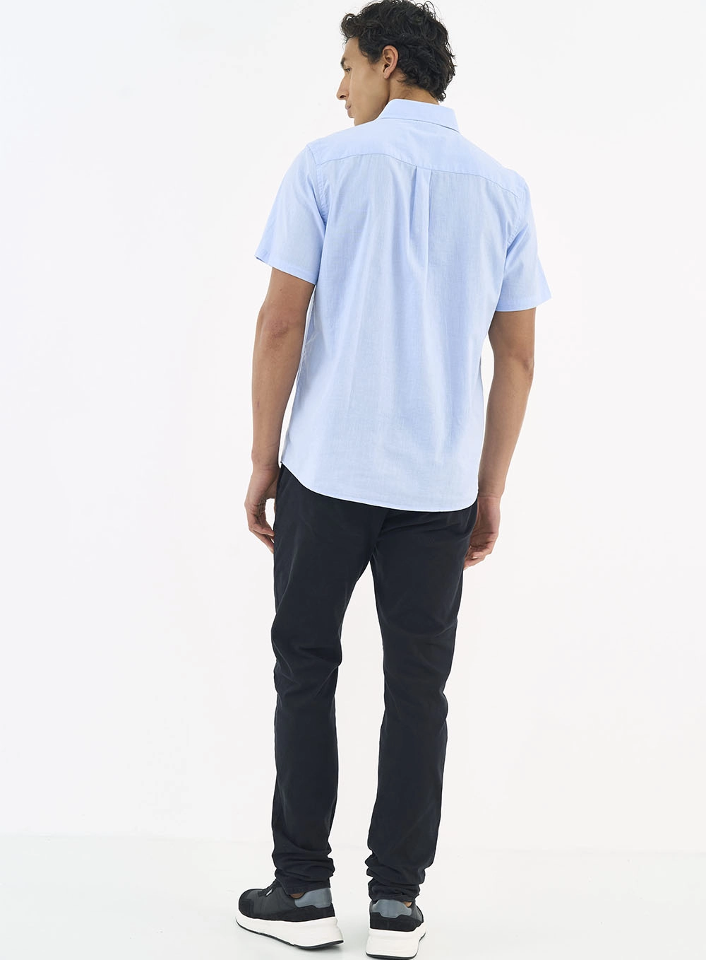 Camisa Manga Curta Linho E Algodão Azul