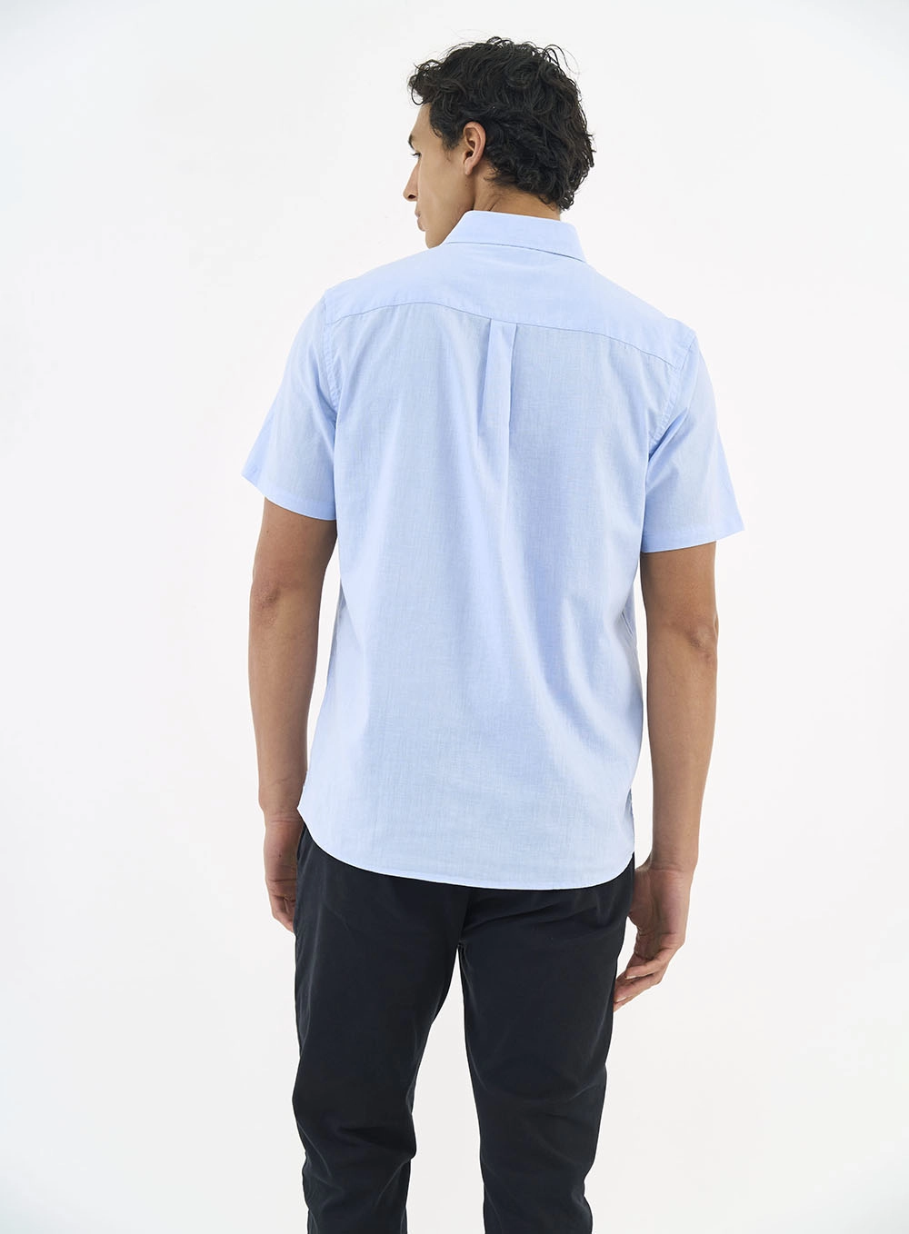 Camisa Manga Curta Linho E Algodão Azul
