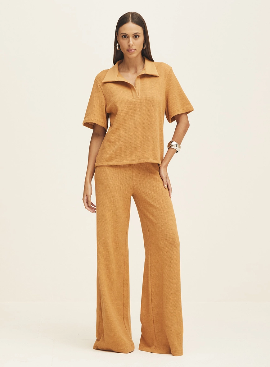 Calça Feminina Pantalona Com Textura Bege