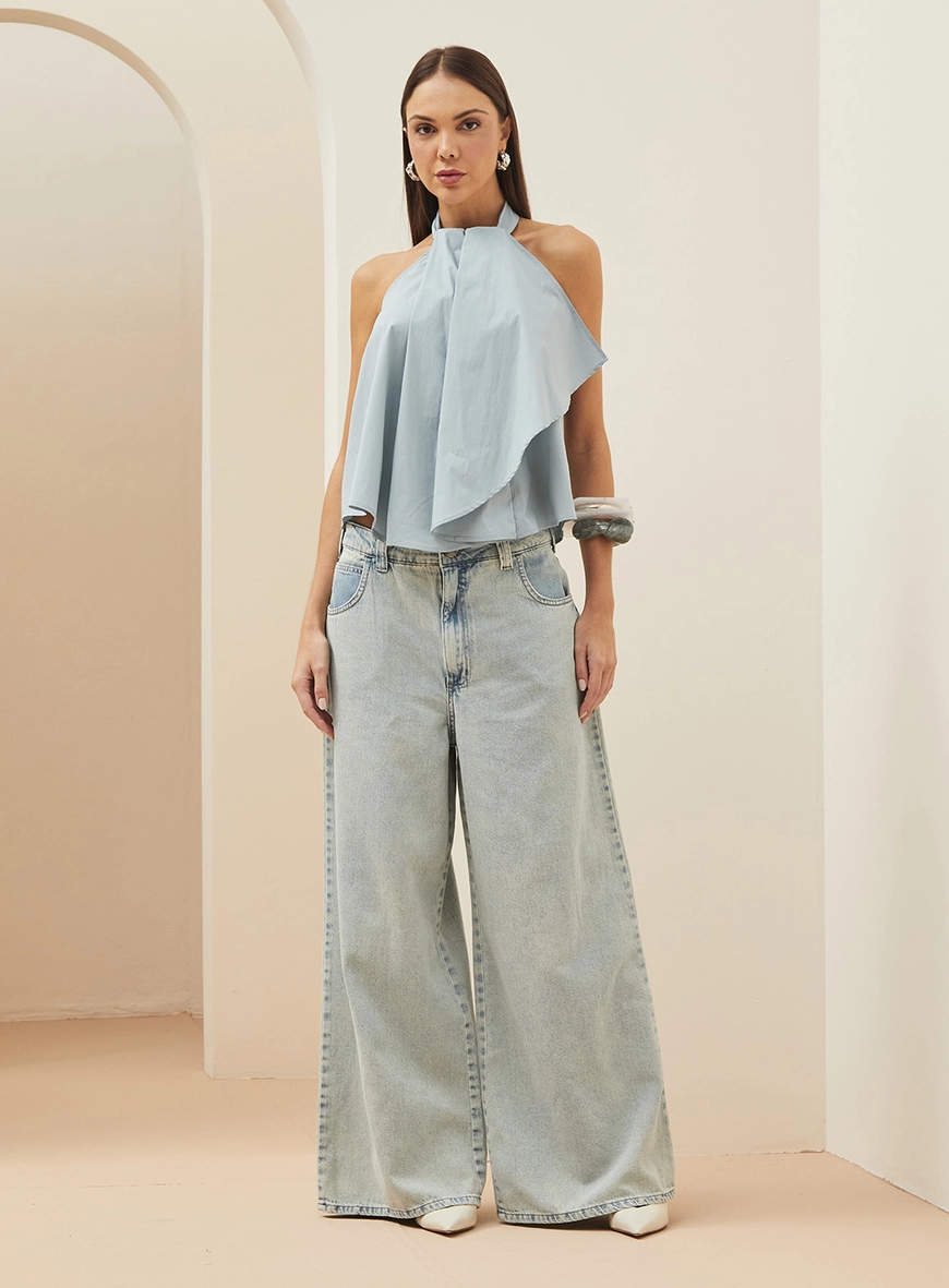 Calça Feminina Jeans Com Detalhe Em Logo -  Baggy Índigo
