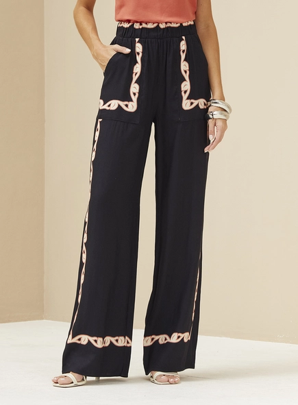 Calça Feminina Ampla Estampada Cós Com Elástico