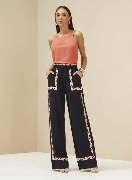 Calça Feminina Ampla Estampada Cós Com Elástico