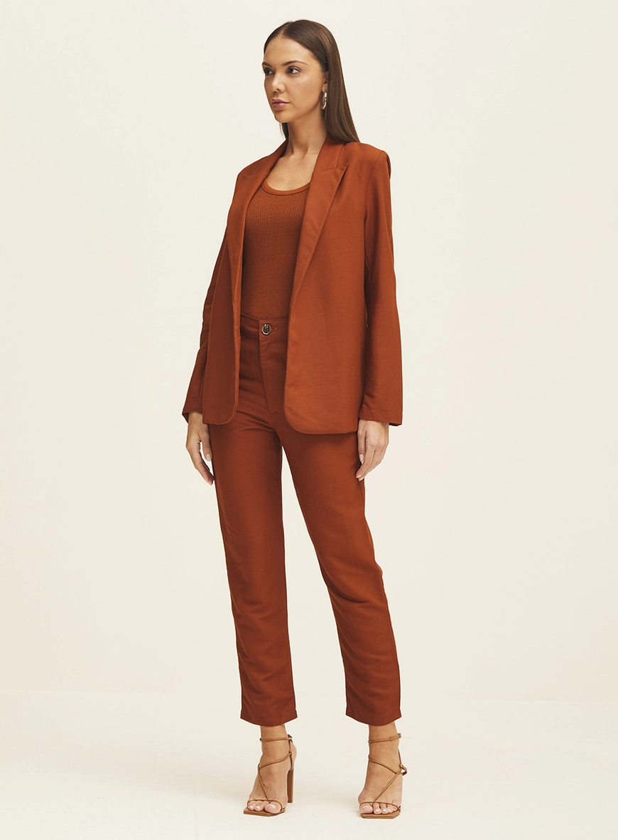 Calça Feminina Alfaiataria Em Linho Marrom Zeus