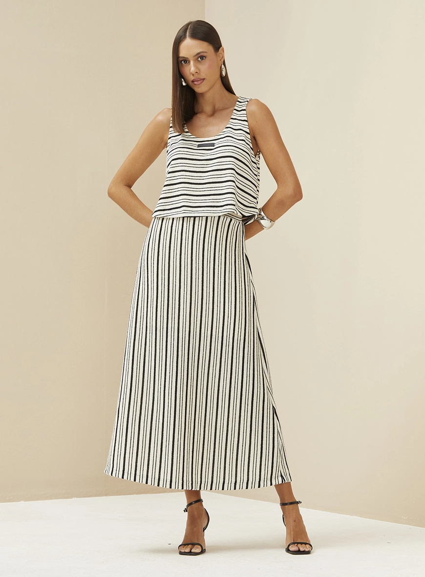 Saia Listrada Midi Evasê Estampados