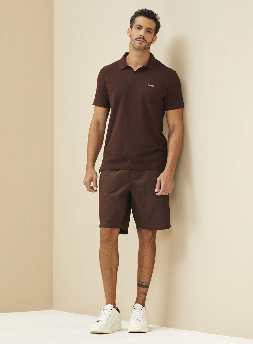 Polo Masculina Manga Curta Justa Marrom