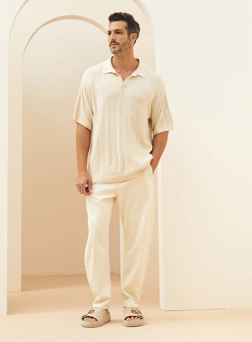 Polo Masculina Em Tricô Canelada Bege