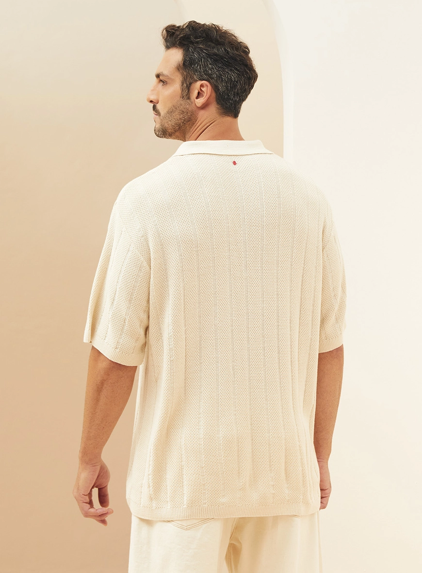 Polo Masculina Em Tricô Canelada Bege