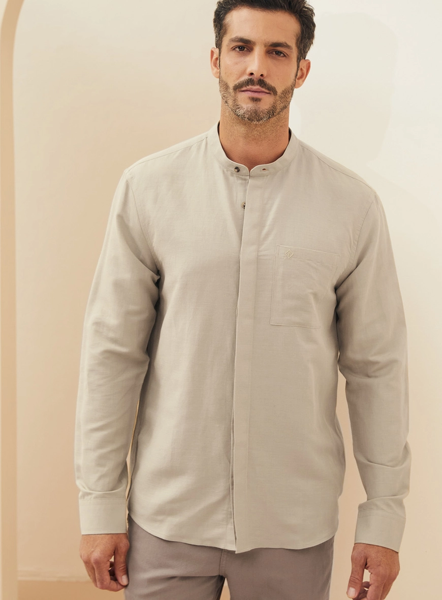 Camisa Em Linho Relax Manga Longa Bege Esquilo