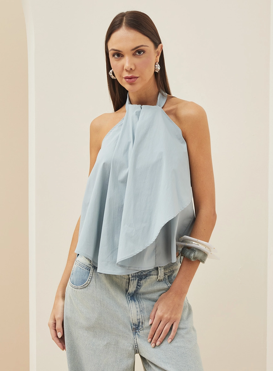 Blusa Frente Única Com Sobreposição Azul
