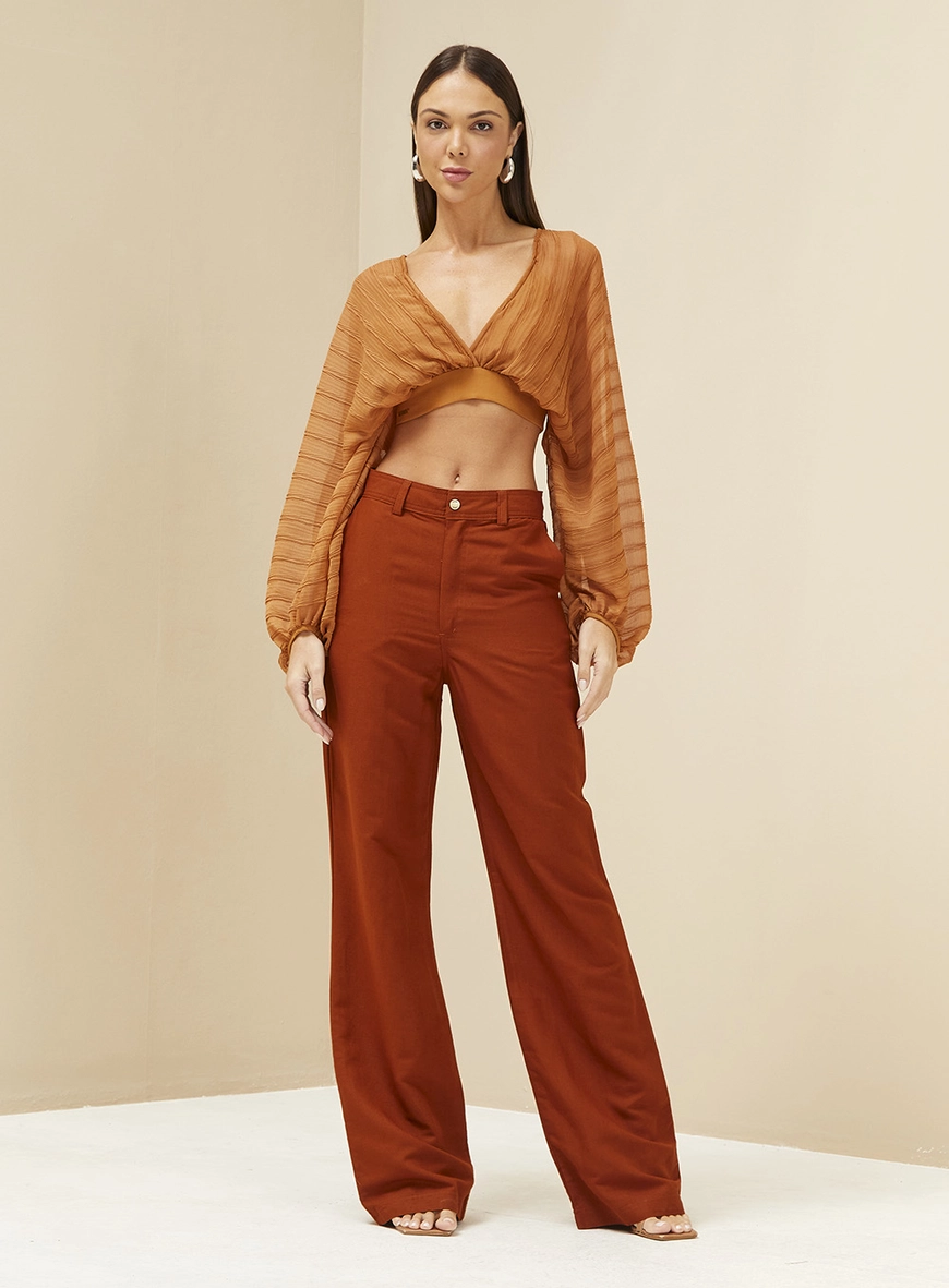 Blusa Encurtada Mangas Bufantes Bege