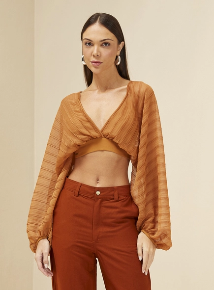 Blusa Encurtada Mangas Bufantes