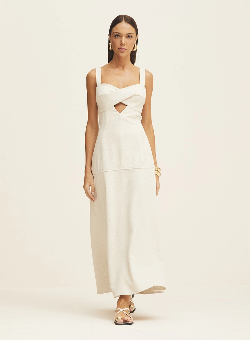 Vestido Longo Justo Com Recorte Bege