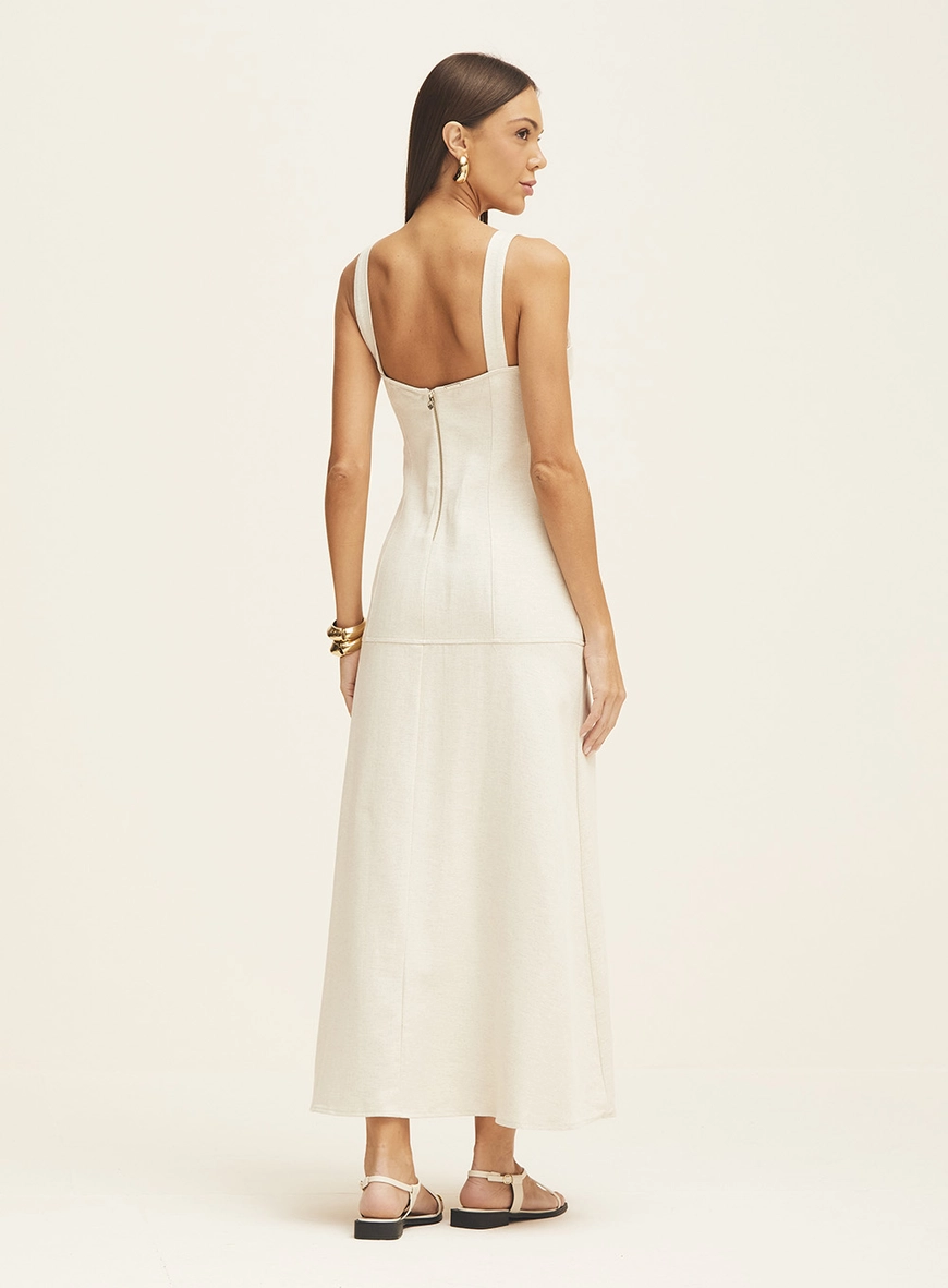 Vestido Longo Justo Com Recorte Bege
