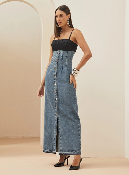 Vestido Jeans Longo Barra À Fio