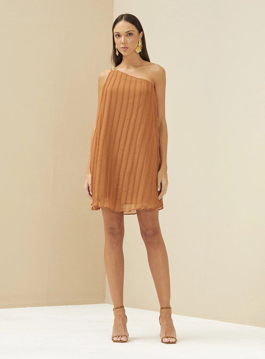 Vestido Drapeado Uma Alça Bege