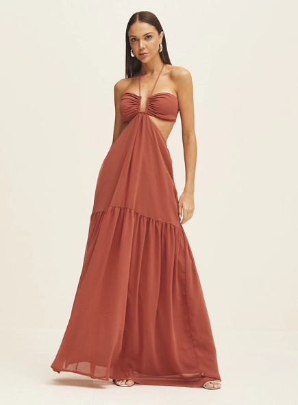 Vestido Longo Fluido Com Recortes