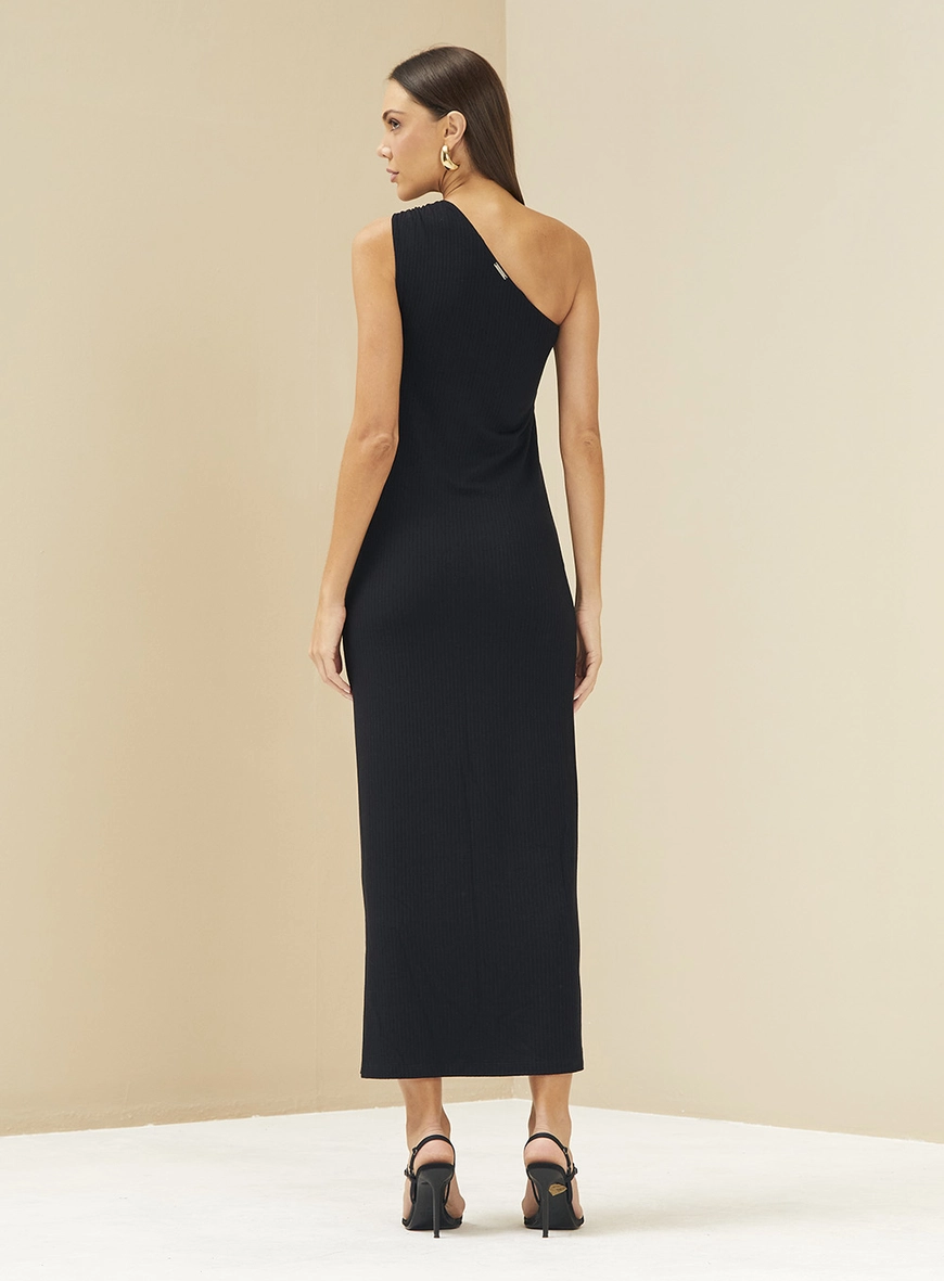 Vestido Canelado Midi Uma Manga Preto