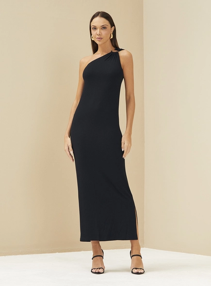 Vestido Canelado Midi Uma Manga