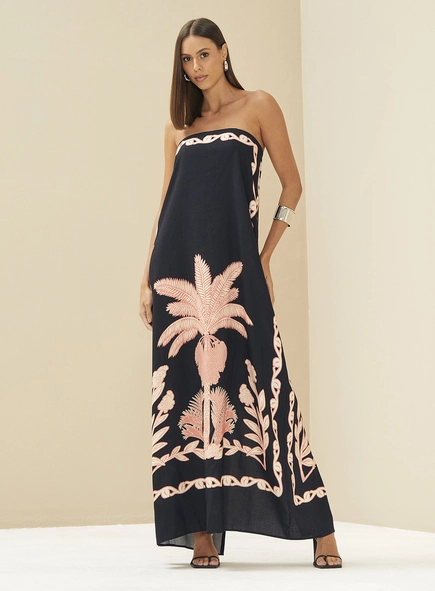 Vestido Em Linho Estampado Em Linho Sem Alças