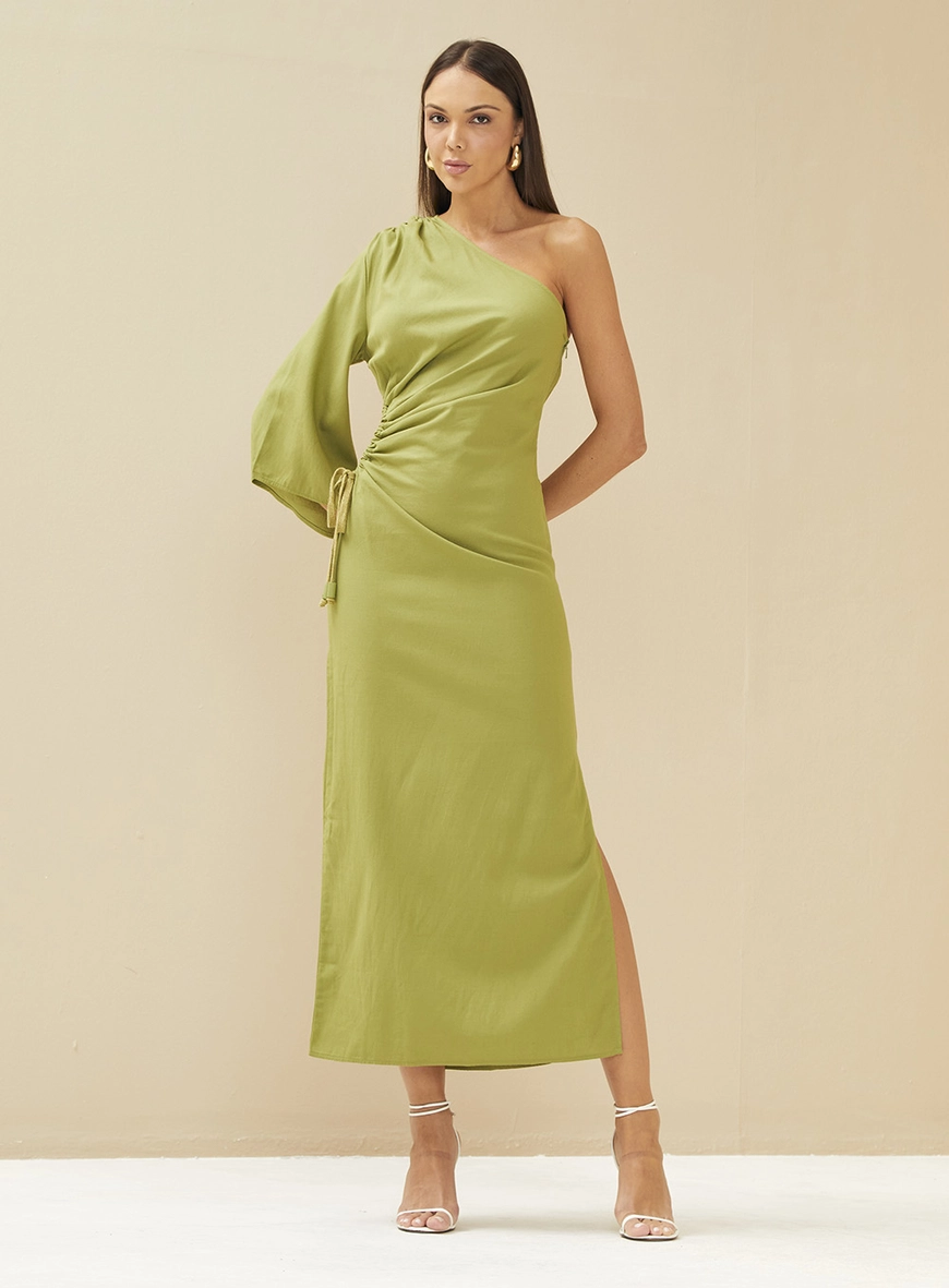 Vestido Midi Uma Manga Com Recorte Acinturado Vestido Midi Uma