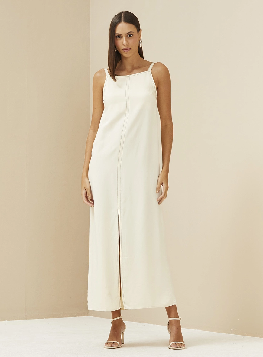 Vestido Longo Com Fenda Frontal Bege