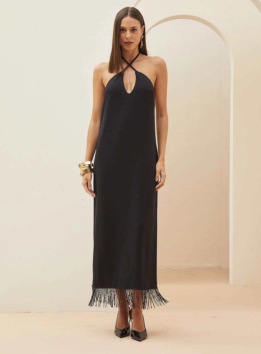 Vestido Midi Franjado Com Transpasse Preto