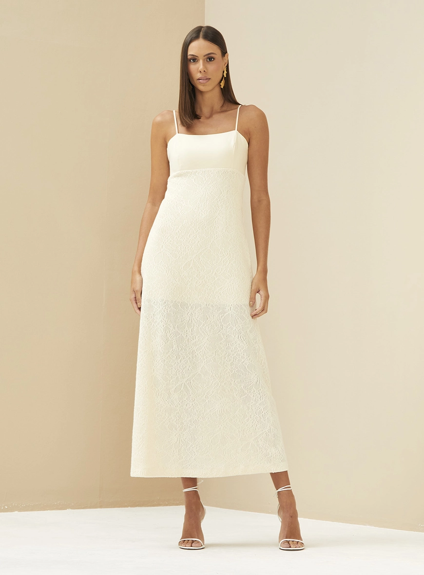 Vestido Midi Reto Alças Finas Bege