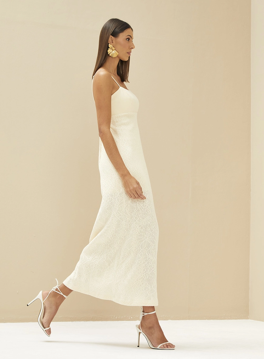Vestido Midi Reto Alças Finas Bege