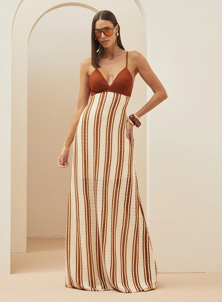 Vestido Listrado Detalhe Em Linho