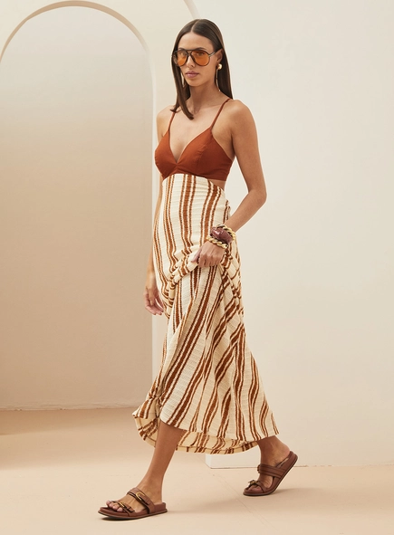Vestido Listrado Detalhe Em Linho