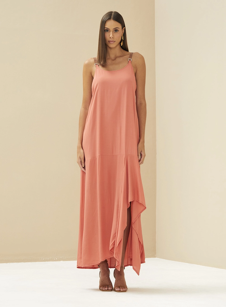 Vestido Longo Fluido Com Fenda Frontal Vermelho