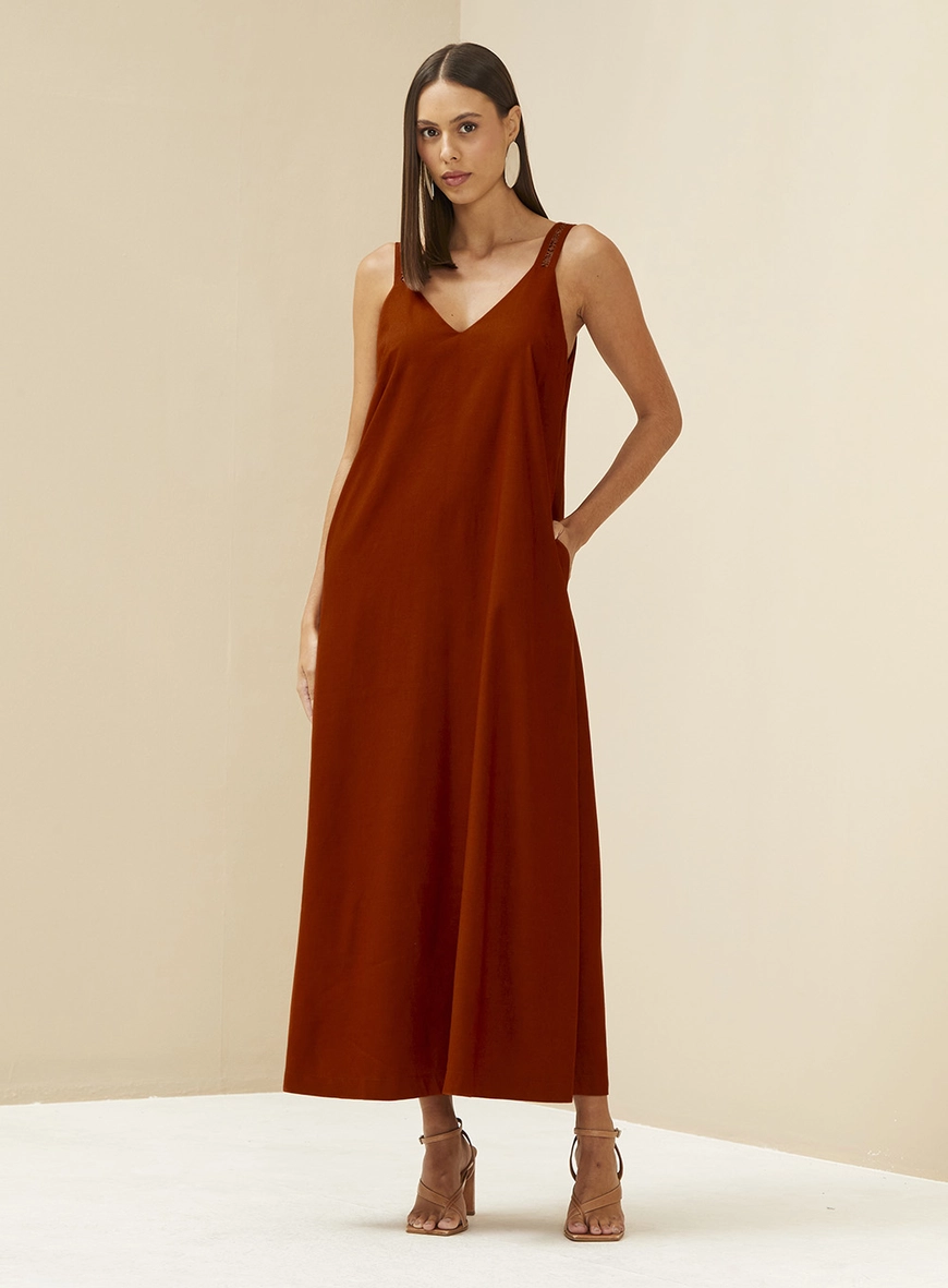 Vestido Midi Solto Com Bolsos Laterais Marrom Zeus