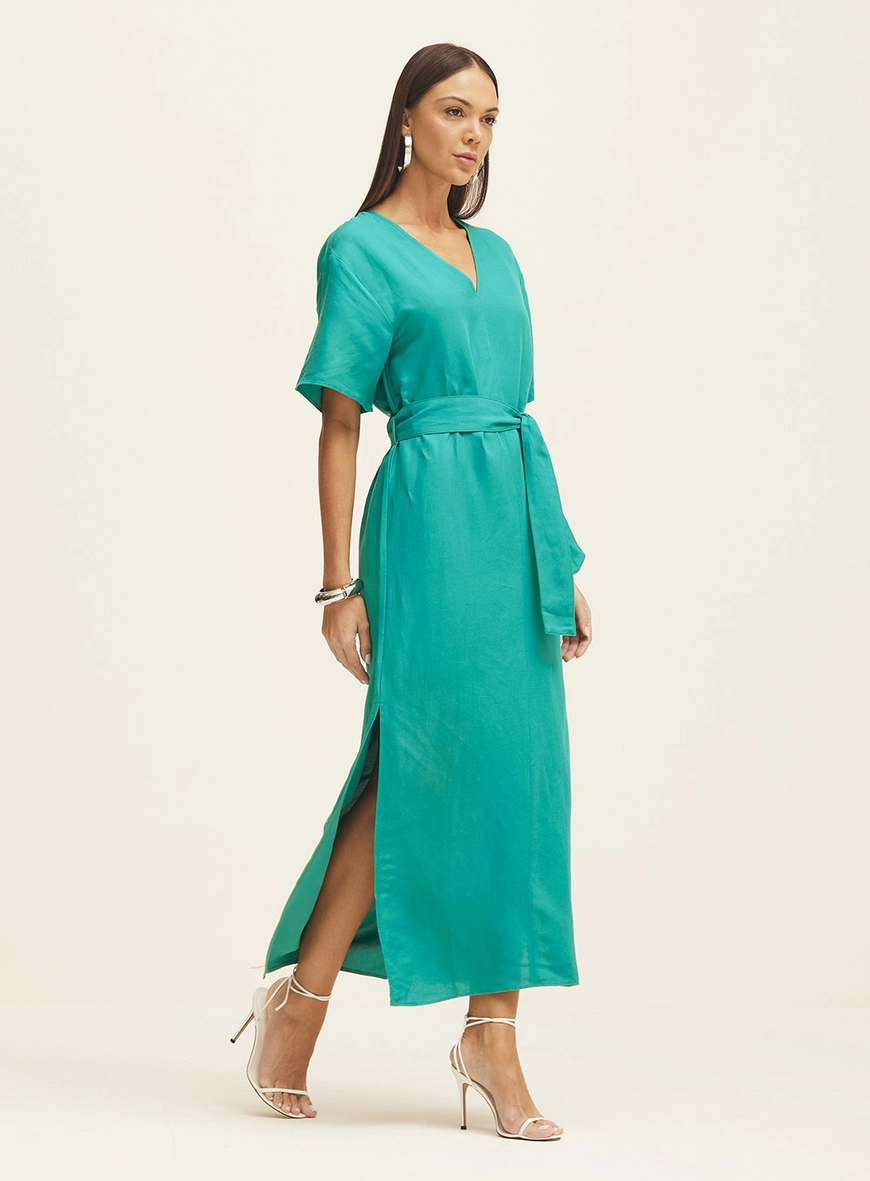 Vestido Midi Reto Com Faixa Para Amarração Verde