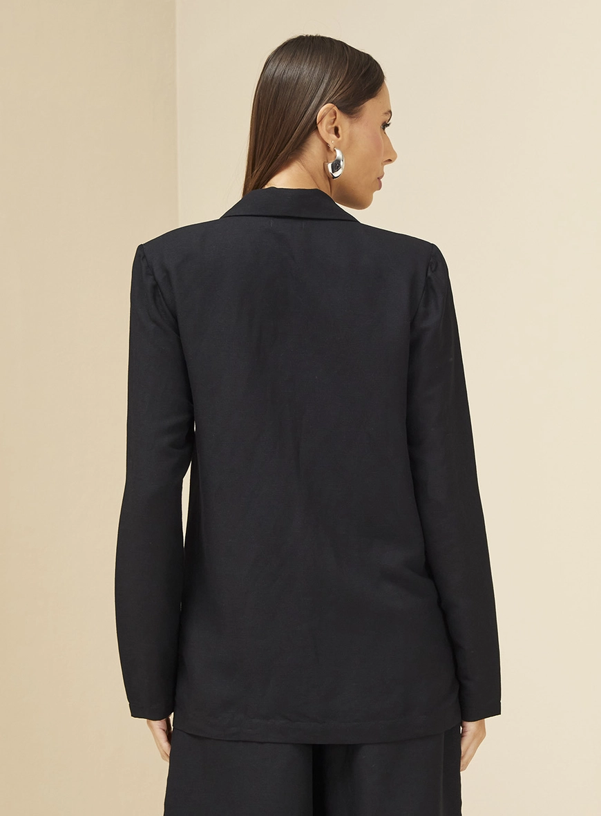Blazer Feminino Alongado Em Linho Preto