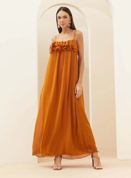 Vestido Longo Fluido Com Babados No Busto