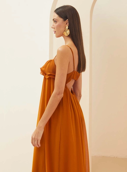 Vestido Longo Fluido Com Babados No Busto